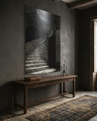 A worn stone spiral staircase seen from below, winding upward into shadow toward a single pale shaft of light.