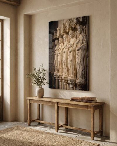 A row of tall, robed saints carved in honeyed stone stand shoulder to shoulder beneath slender canopies, hands folded in quiet devotion.
