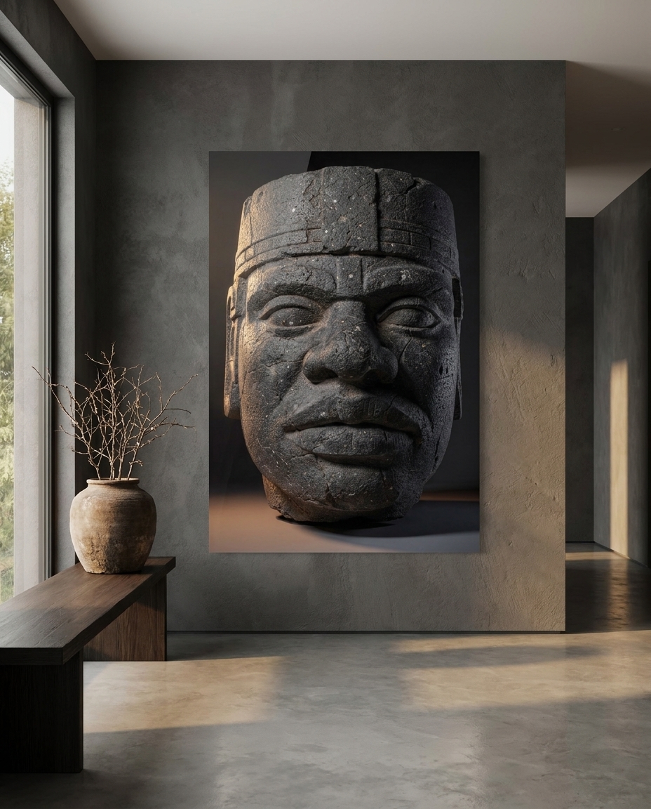 A colossal basalt head with a calm, weathered face, drawn from deep shadow by raking side light.
