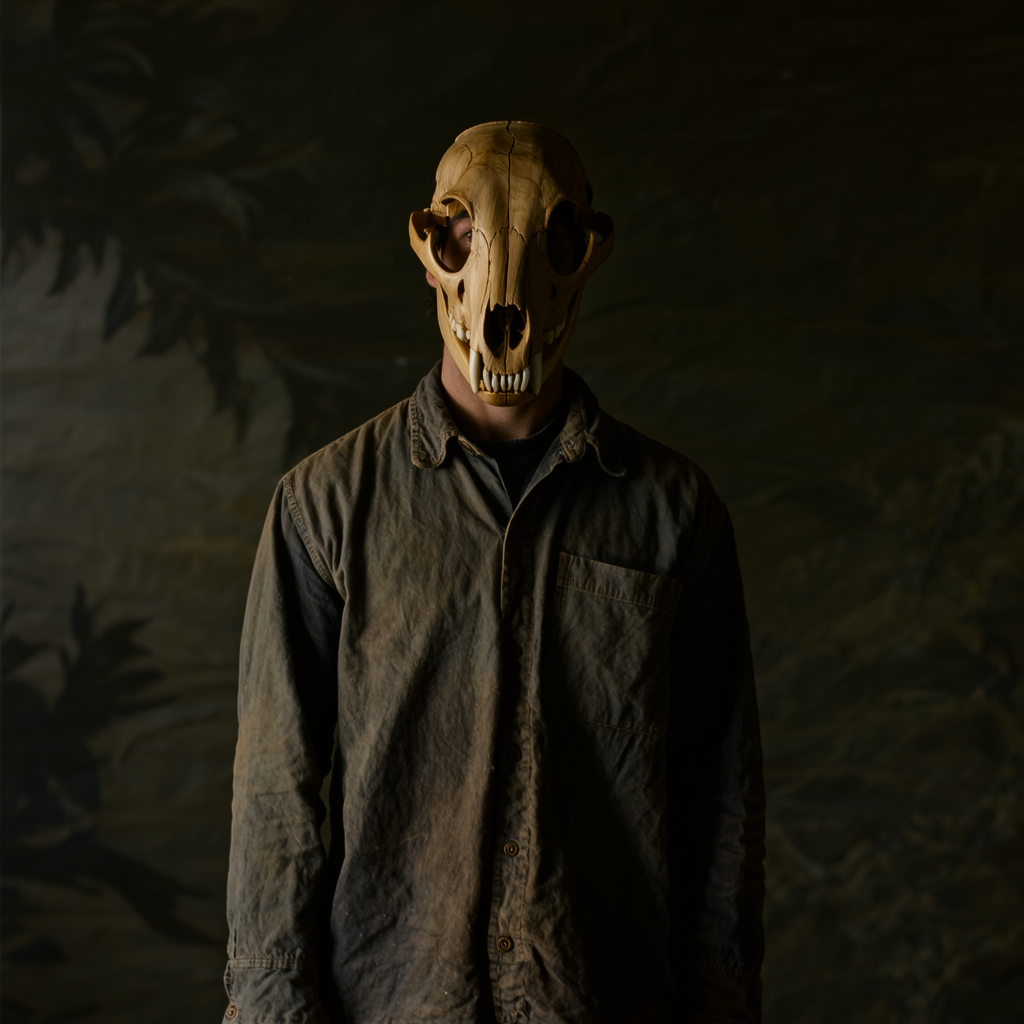 Torvel, resident signature of YTY Studio: an anonymous figure whose face is concealed behind a smooth carved wooden mask with the calm frontal geometry of an animal skull, against a dark backdrop with faint foliage shadow.