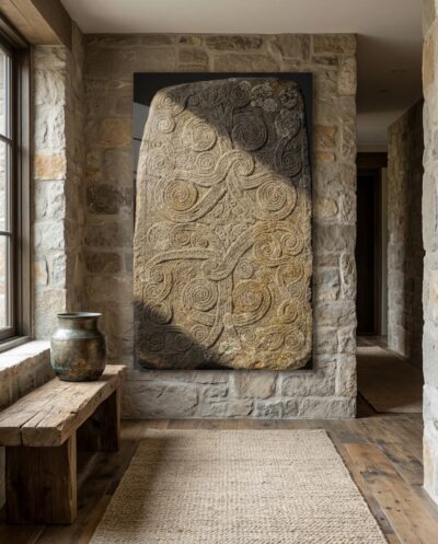 Spirals and trumpet curves carved deep into ancient stone rise into relief under a slant of low, grazing light.