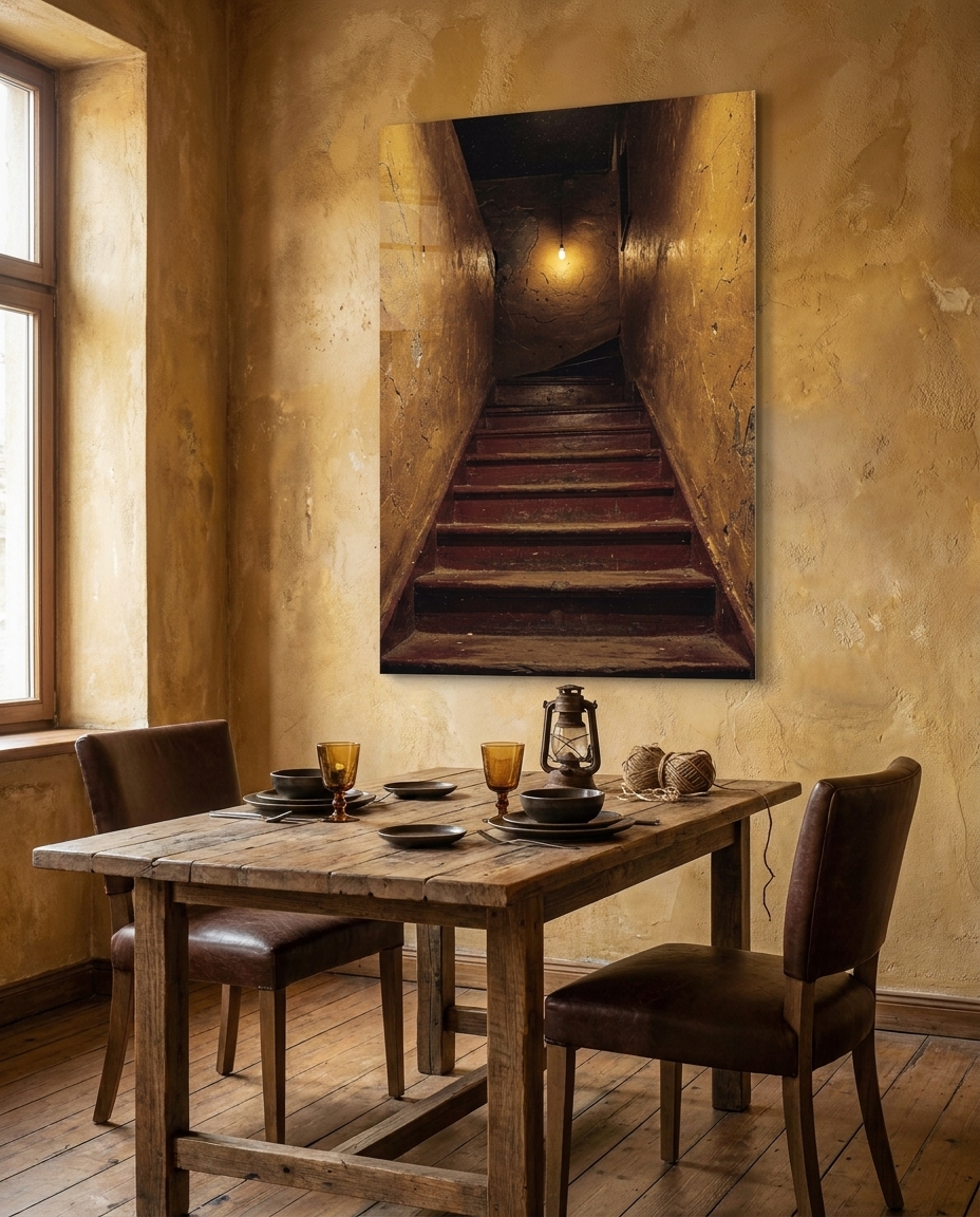 A narrow stair descends between ochre walls toward a single warm bulb glowing at the bottom of the dark.