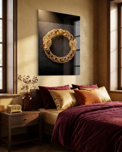 Twisted gold filigree loops into a ring of twin beast-heads, glowing amber and garnet warm against deep charcoal cloth.
