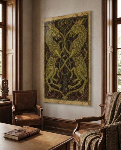 Two elongated green beasts bite and coil until jaw, limb and ribbon dissolve into one hypnotic knot of interlace.