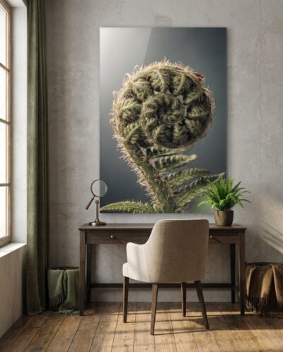 A young fern coils tight upon itself, a downy green spiral held in the breathless moment before it opens to the light.