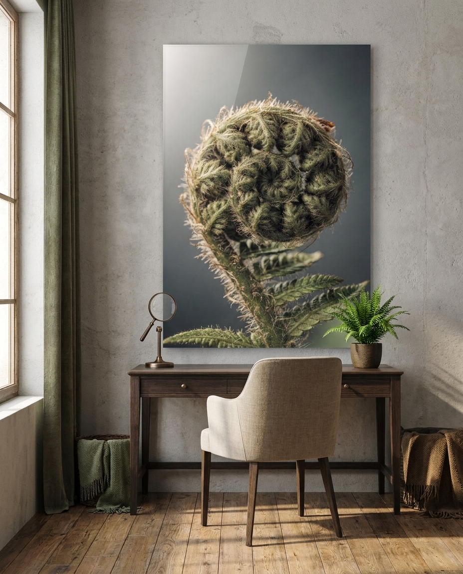 A young fern coils tight upon itself, a downy green spiral held in the breathless moment before it opens to the light.