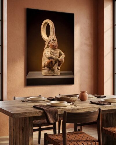 A burnished pre-Columbian figure vessel crouches in warm lamplight, its spiral crown and meander patterns glowing against a deep amber dark.