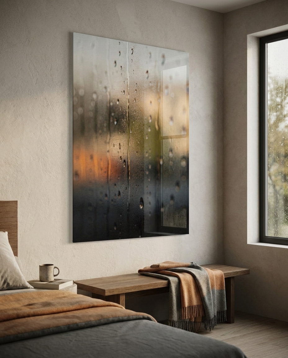 Rain beads a windowpane into a trembling veil, the world beyond dissolved to warm amber and shadow, softened past recognition.