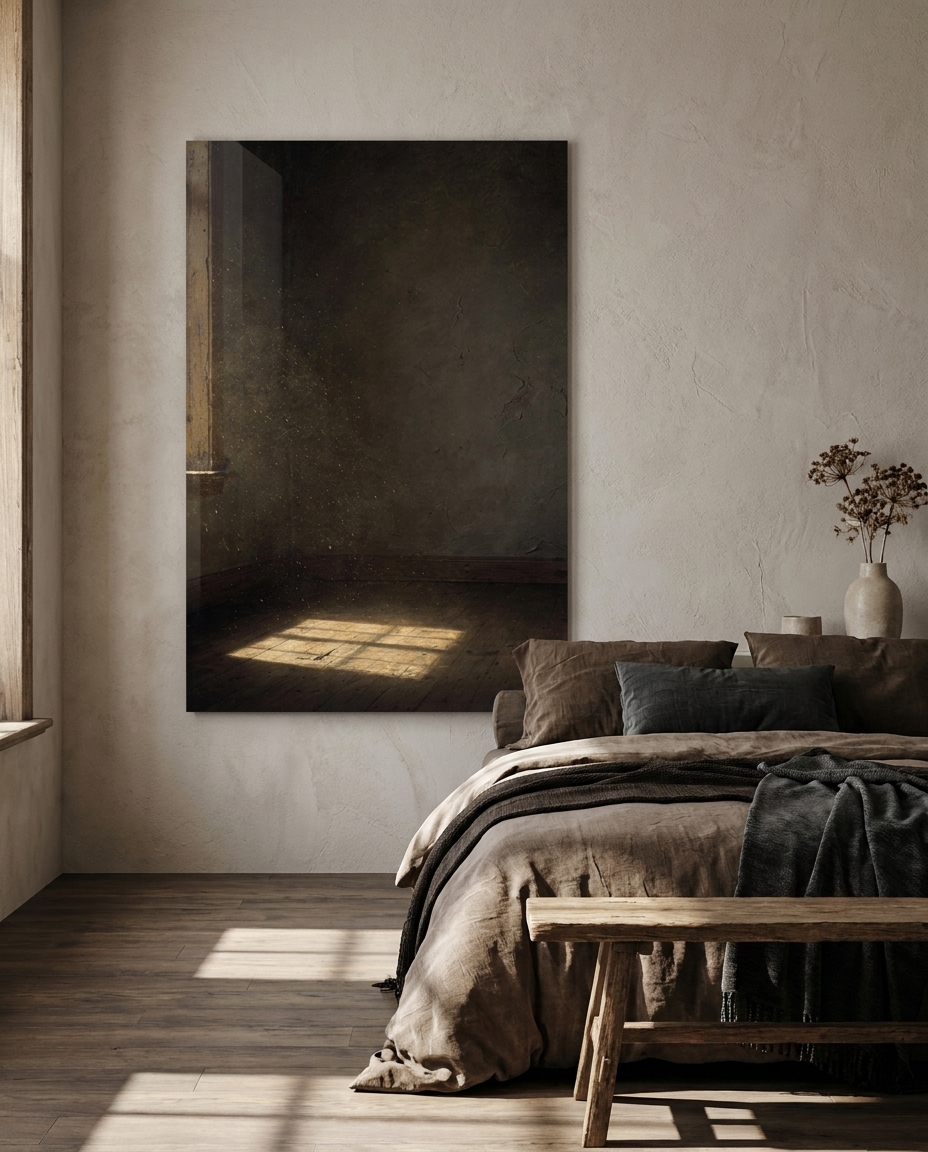 An empty room holds its breath while a single square of gold light, cast through an unseen window, settles quietly on worn floorboards.
