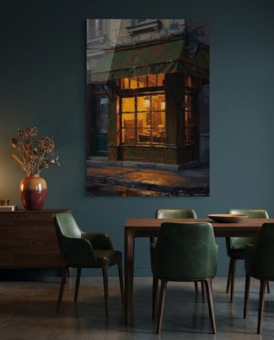 A Parisian bistro corner glows with molten amber through rain-streaked glass, offering a hushed sanctuary against the cool, quiet wash of an evening street.
