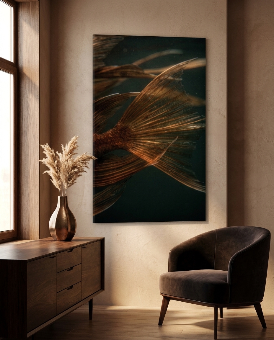 Translucent fins and tails fan open in raking copper light, glowing amber where the membrane thins against a deep teal dark.