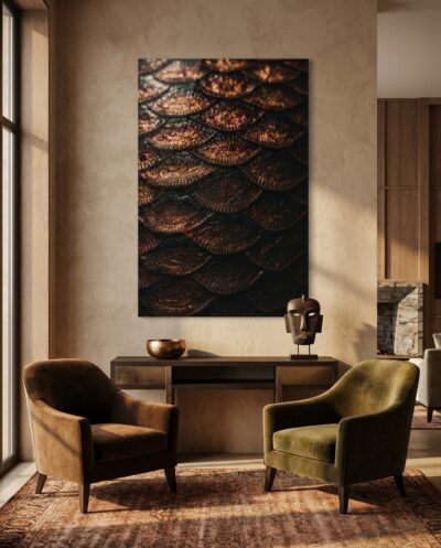 Overlapping plates of oxblood and cognac fill the frame, catching wet light along every ridge in a study that feels almost sculptural.