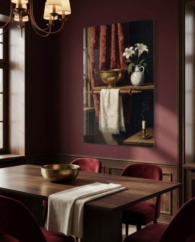 Crimson brocade, a gleaming brass basin, three white lilies and a candle still trailing smoke compose a chamber corner steeped in quiet meaning.