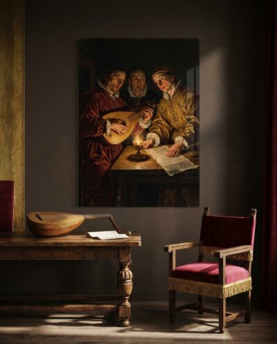 Three musicians lean close around a lone flame, their voices and lute rising from velvet darkness in a warm circle of candlelight.