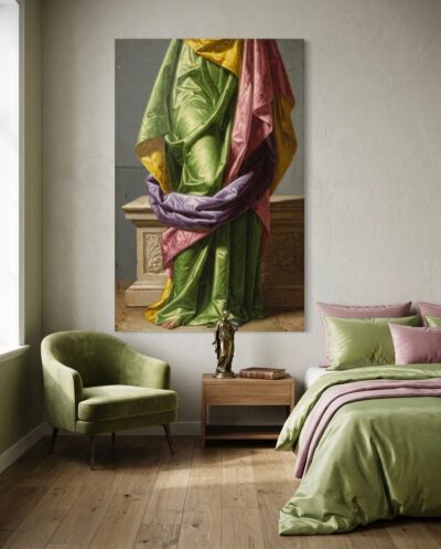 A single fall of shot silk turns apple green in the light and cold rose in shadow, a spiral of lilac twisting through it.