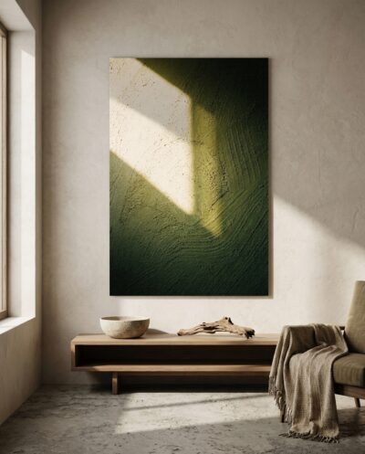Last light rakes a lime-plastered wall, a single hard shadow bar crossing it, trowel marks lifted into cognac-warm relief.
