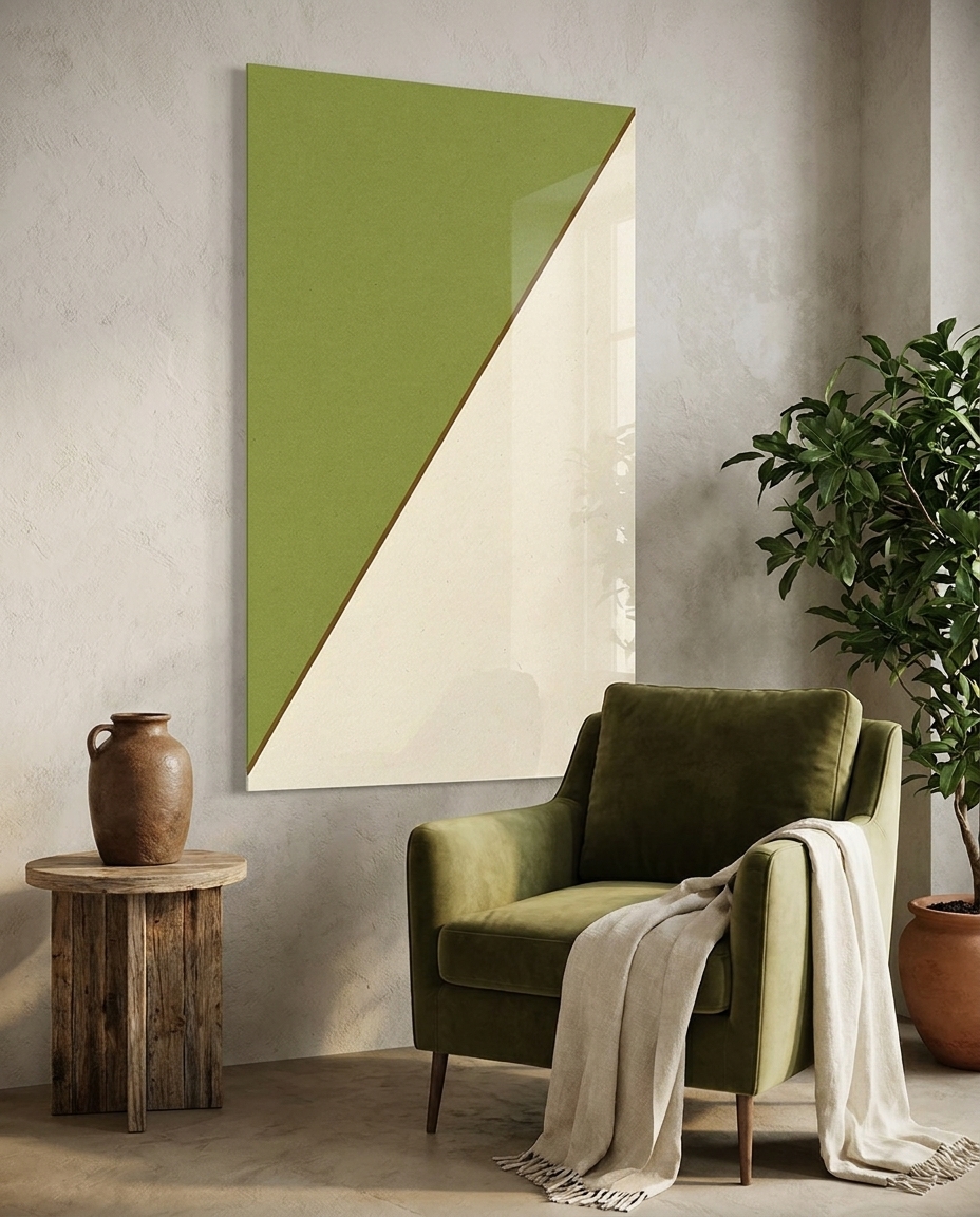 A razor-sharp diagonal boundary cleaves deep olive warmth from radiant bone-white stillness, anchored by a slender ribbon of burnt cognac.