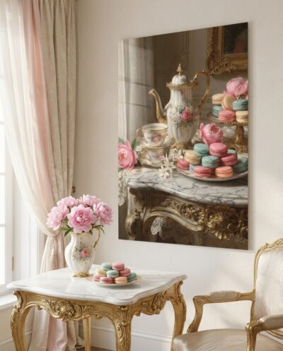 A lavish 18th-century tea salon comes alive with porcelain teaware, lush pink peonies, and stacks of pastel macarons resting on carved gilded marble.