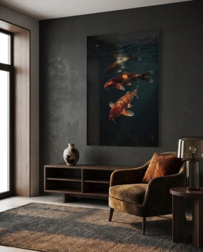 Three koi rise from below, their oxblood and copper backs catching light as they break the near-black surface.