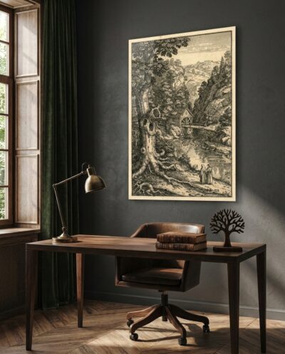 A wooded ravine where a water mill turns beside a plank bridge and two cloaked travellers climb the path, all conjured in pure black line on ivory.