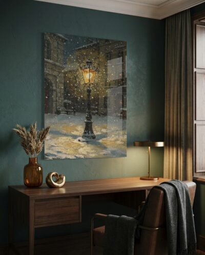 A solitary cast-iron street lamp casts a radiant amber glow across fresh snow and quiet stone facades during a peaceful winter twilight.