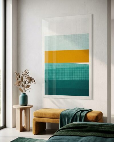 Graduated bands of petrol teal, seafoam, and misty halftone patterns meet a radiant stripe of warm ochre, evoking the quiet hush of coastal fog rolling over morning light.