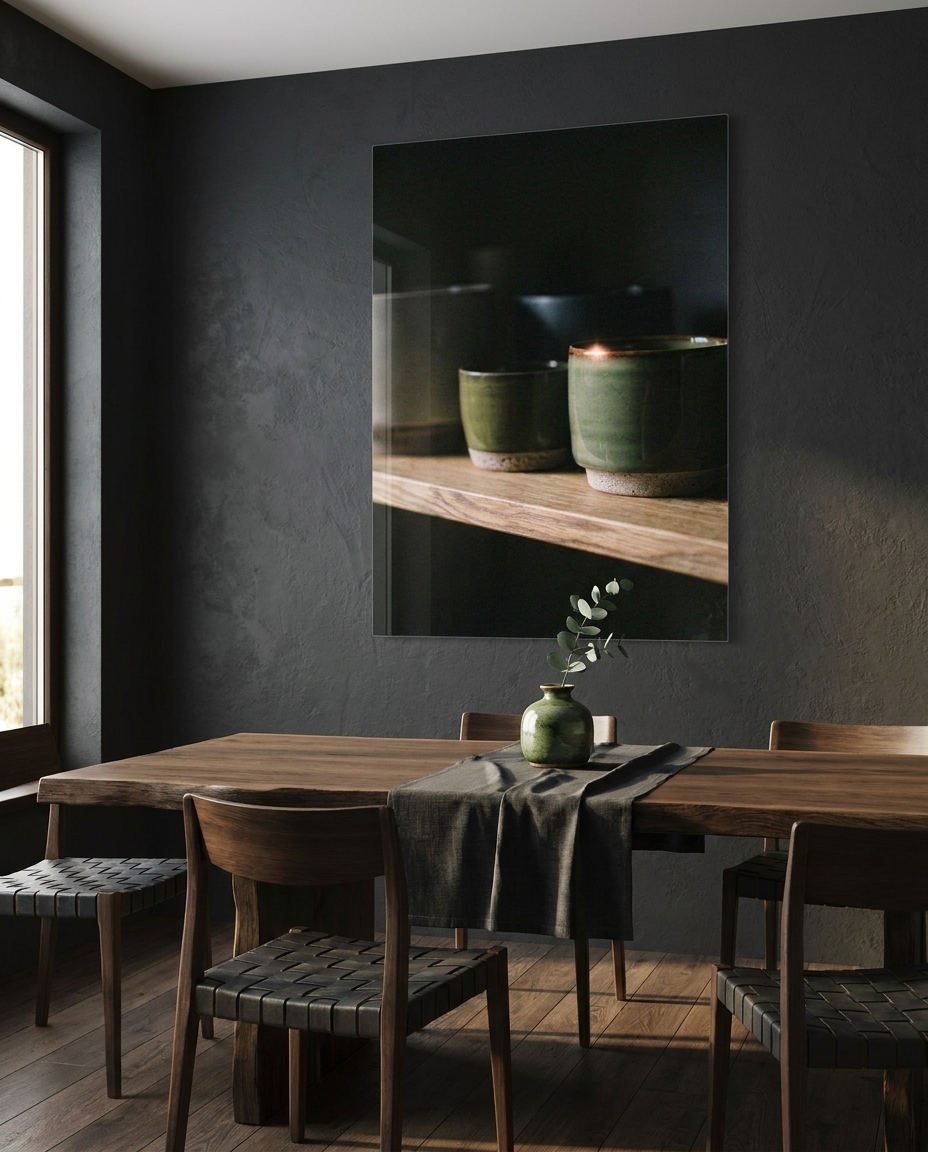 Matte stoneware cups rest on an oak shelf as a single glazed rim gathers the last warm ember of light from the surrounding dark.