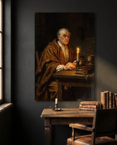 An aged man in a fur mantle sits at a worn table, his folded hands and lined face drawn from shadow by the glow of a single candle.