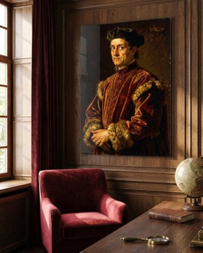 An invented Venetian gentleman emerges from a warm dark ground in crimson velvet and gold, his face modeled by tone alone.