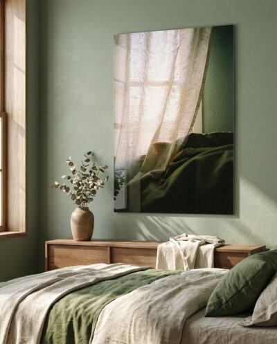Unbleached linen lifts at a tall window, its weave lit to a soft halo while olive shadow pools in the folds below.