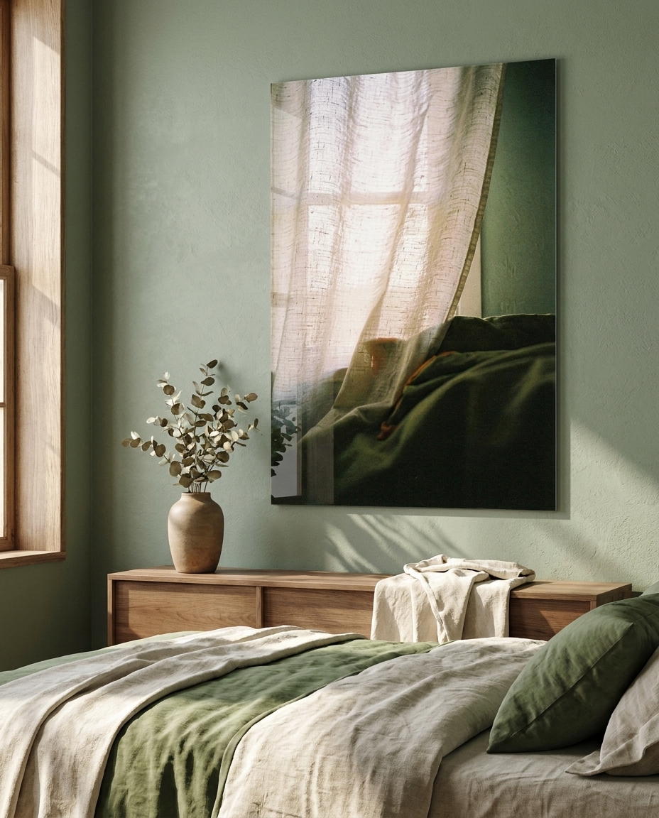 Unbleached linen lifts at a tall window, its weave lit to a soft halo while olive shadow pools in the folds below.