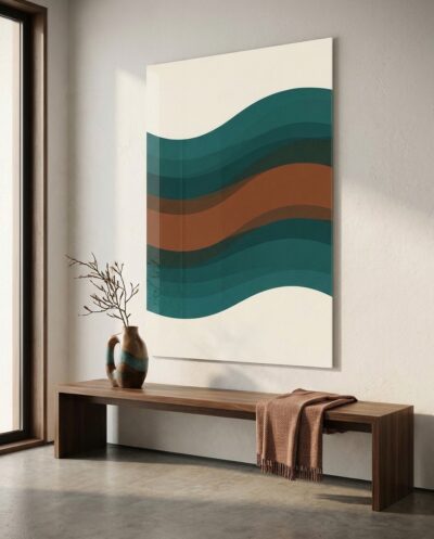 Rhythmic oceanic contours are distilled into sweeping petrol bands, punctuated by an unexpected and grounding ribbon of warm burnt sienna.