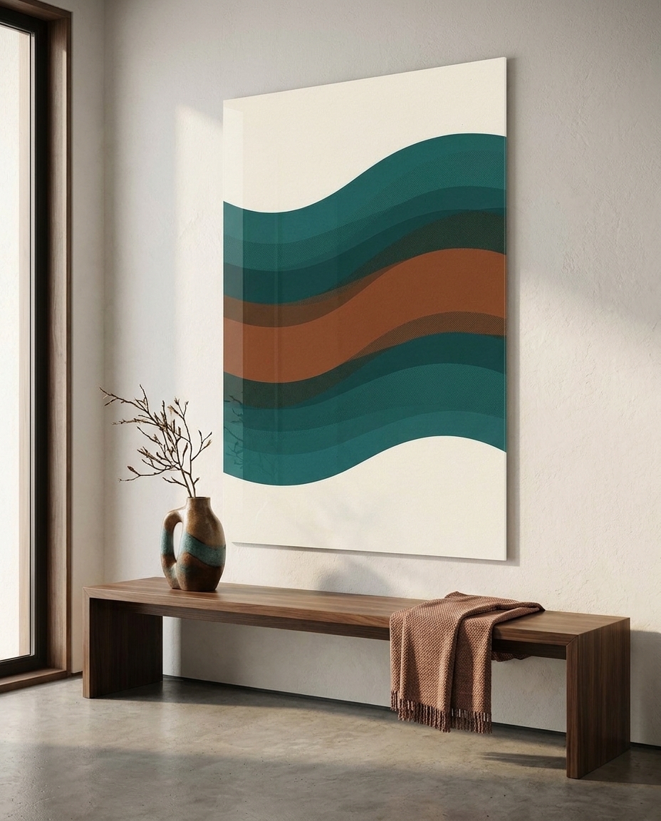 Rhythmic oceanic contours are distilled into sweeping petrol bands, punctuated by an unexpected and grounding ribbon of warm burnt sienna.