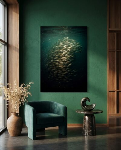 Thousands of small fish wheel as a single olive-silver body, its edges dissolving into the cold darkness of the deep.