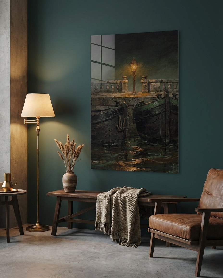 Two weathered hulls rest against a stone balustrade, bathed in the solitary amber glow of a quayside streetlamp reflected across still nocturnal waters.