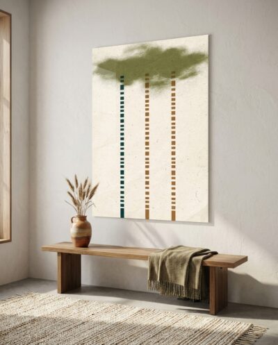 Three rhythmic columns of sequenced dashes descend from an atmospheric olive mist, translating the gentle cadence of summer precipitation into poised geometric calm.