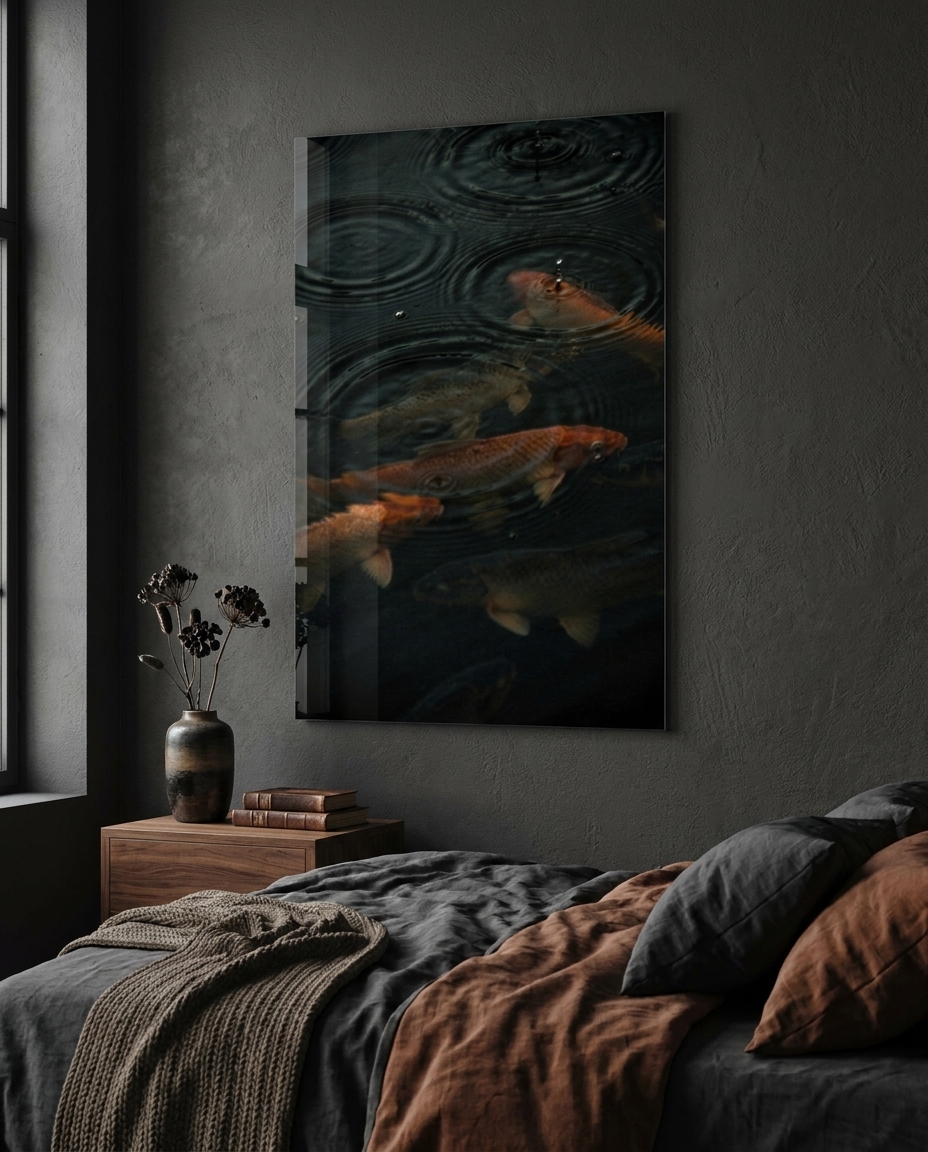Concentric rings of falling rain scatter across copper carp gliding beneath a hushed, near-black surface.