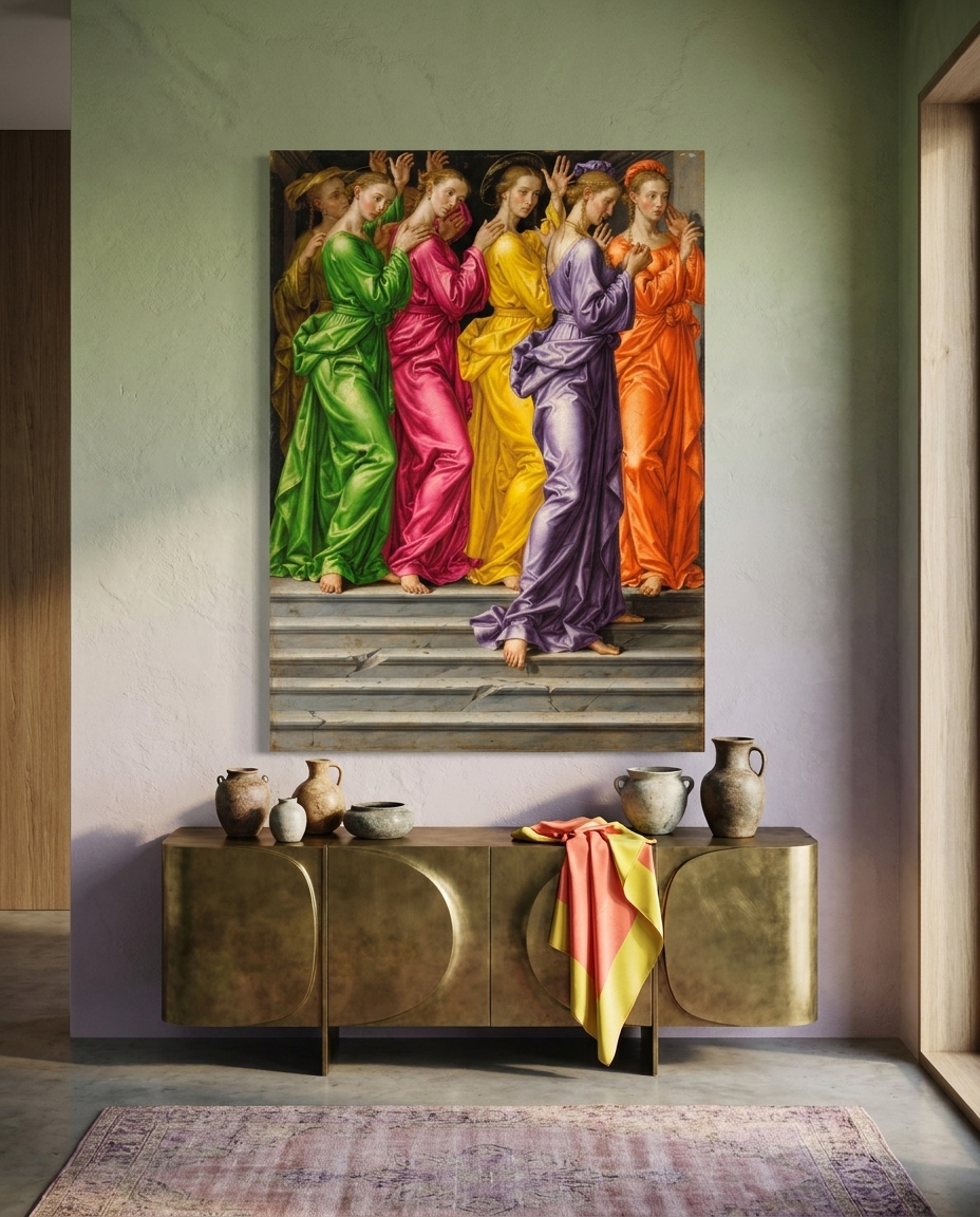 Six elongated figures in acid-bright silk press across shallow marble steps, edge to edge, their raised hands and twisting bodies leaving no calm center.