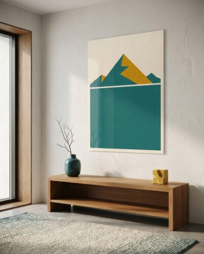 Crisp alpine geometry meets deliberate serenity in this graphic composition, where a radiant amber peak cuts across deep petrol-teal and warm alabaster.