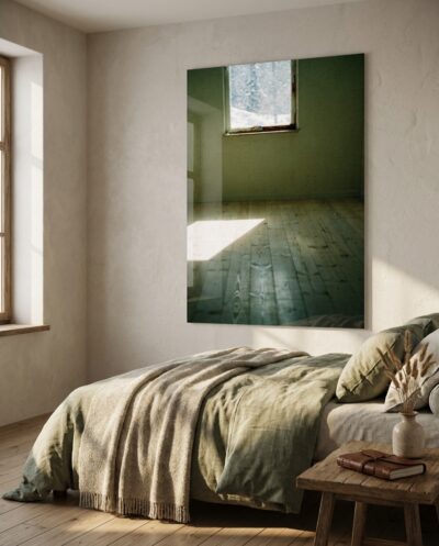 Pale winter light slips through a small window into a bare green room, laying a soft wedge of cool brightness across worn pine boards.