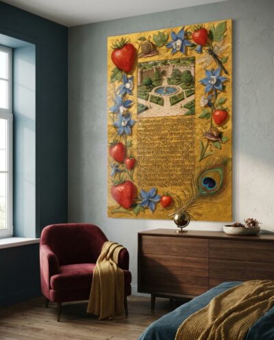Ripe strawberries, a snail and a peacock feather cast tiny shadows on burnished gold, framing a miniature walled garden in the Flemish illuminator's manner.