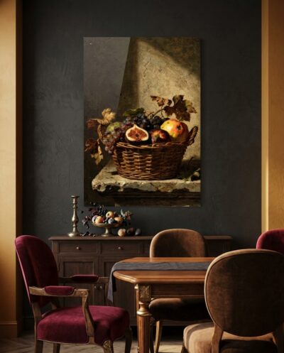 A woven basket brimming with figs, dark grapes and blushing apples rests on weathered stone, glowing against deep shadow.