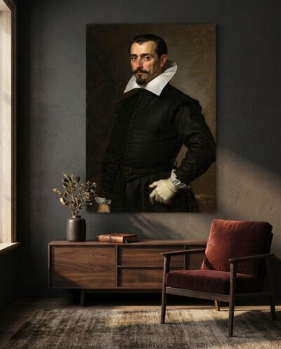 A Spanish nobleman stands draped in austere black tailoring and crisp white linen, greeting the viewer with an enduring, contemplative gaze of quiet authority.