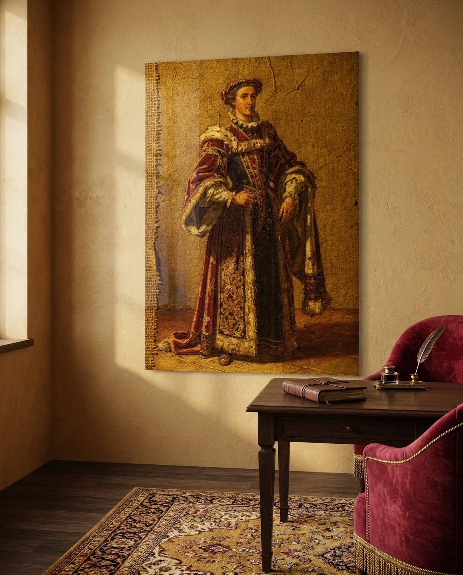 A robed nobleman rises half-finished from raw canvas and dragged crimson, an oil sketch left frank, unguarded and gloriously incomplete.