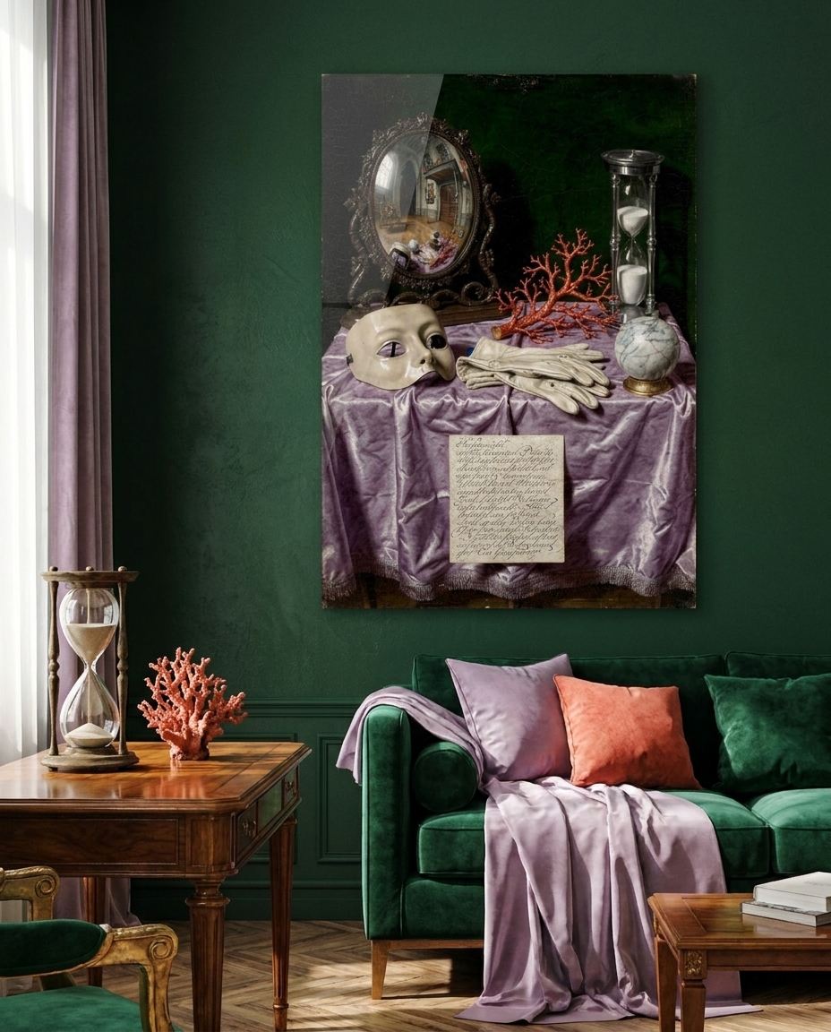 On rumpled lilac silk, a convex mirror swells the room while a lacquered mask, red coral, pale gloves and a silver hourglass rest in cool, exacting light.