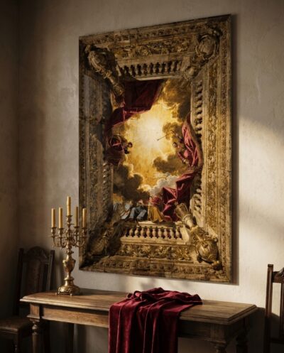 A gilded Baroque frame flings open onto a golden sky, where allegorical figures gather in a blaze of light amid drawn crimson drapery.