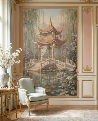 Slender pagoda roofs, glowing silk lanterns, and weeping willows drape over a tranquil pond in an enchanting vision of eighteenth-century pastoral elegance.