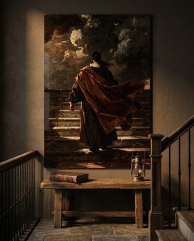 A lone figure climbs weathered stone stairs, an amber cloak billowing behind, as storm clouds gather above.