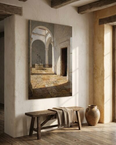 Blinding midday sun slices across ancient stone flagstones, casting dramatic geometric shadows through the whitewashed arches and silent courtyard of an austere Spanish monastery.