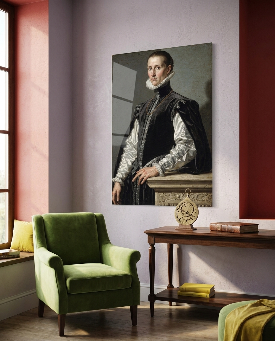 A long-necked courtier in slashed black silk gazes out, reserved and unsmiling, cool and polished as porcelain.